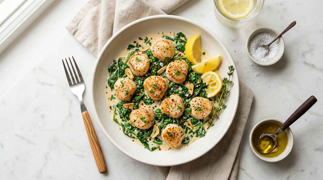 Creamy Garlic Butter Scallops with Spinach
