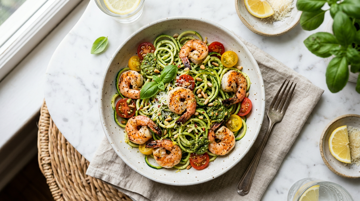 Zucchini Noodles with Pesto and Shrimp