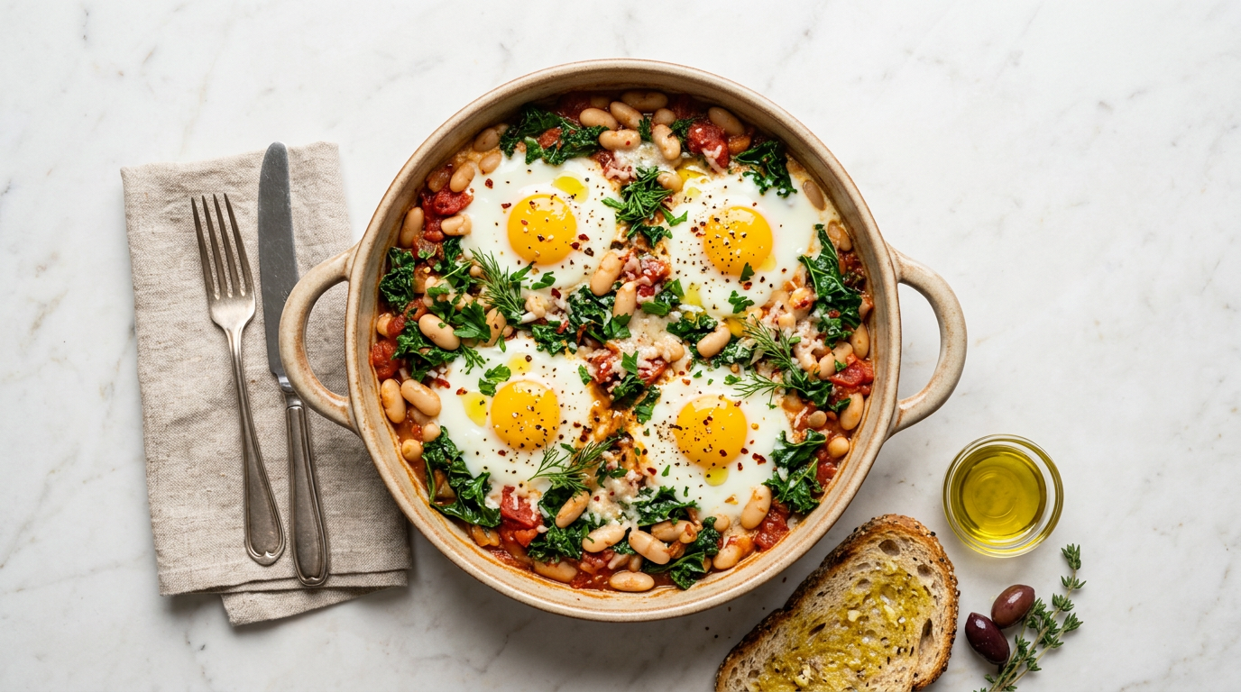 Baked Eggs with White Beans and Kale