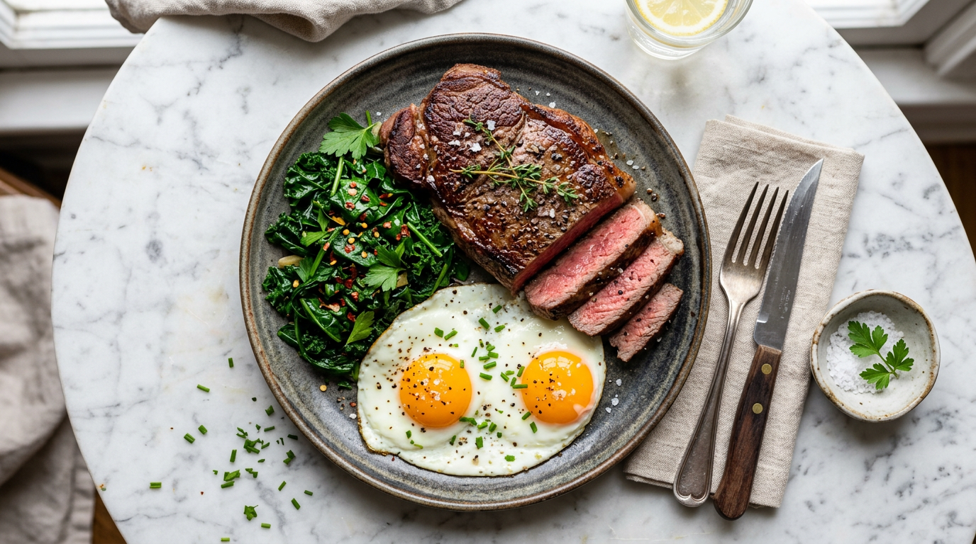 Steak and Eggs with Sautéed Greens