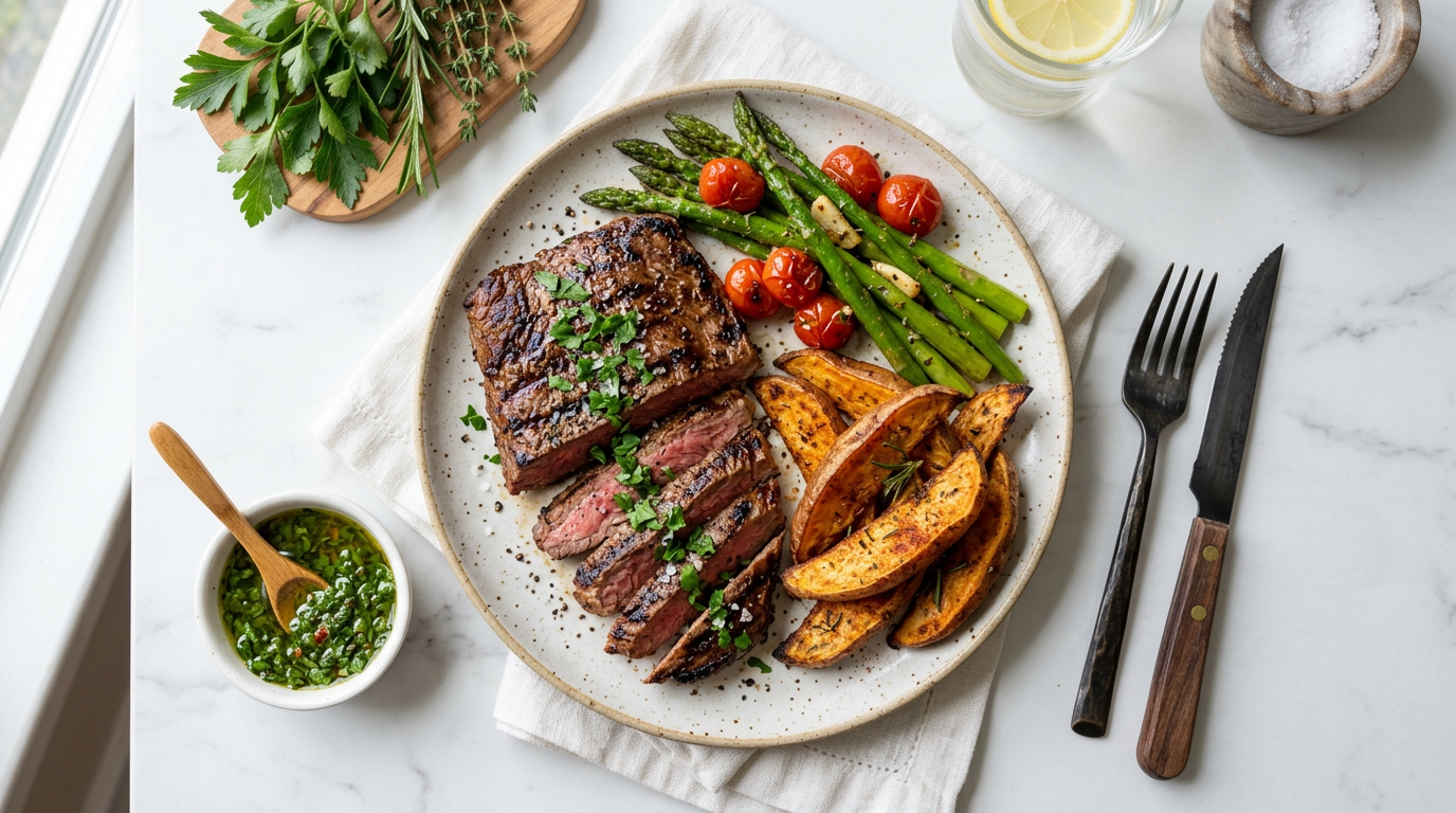 Grilled Steak with Sweet Potato Wedges