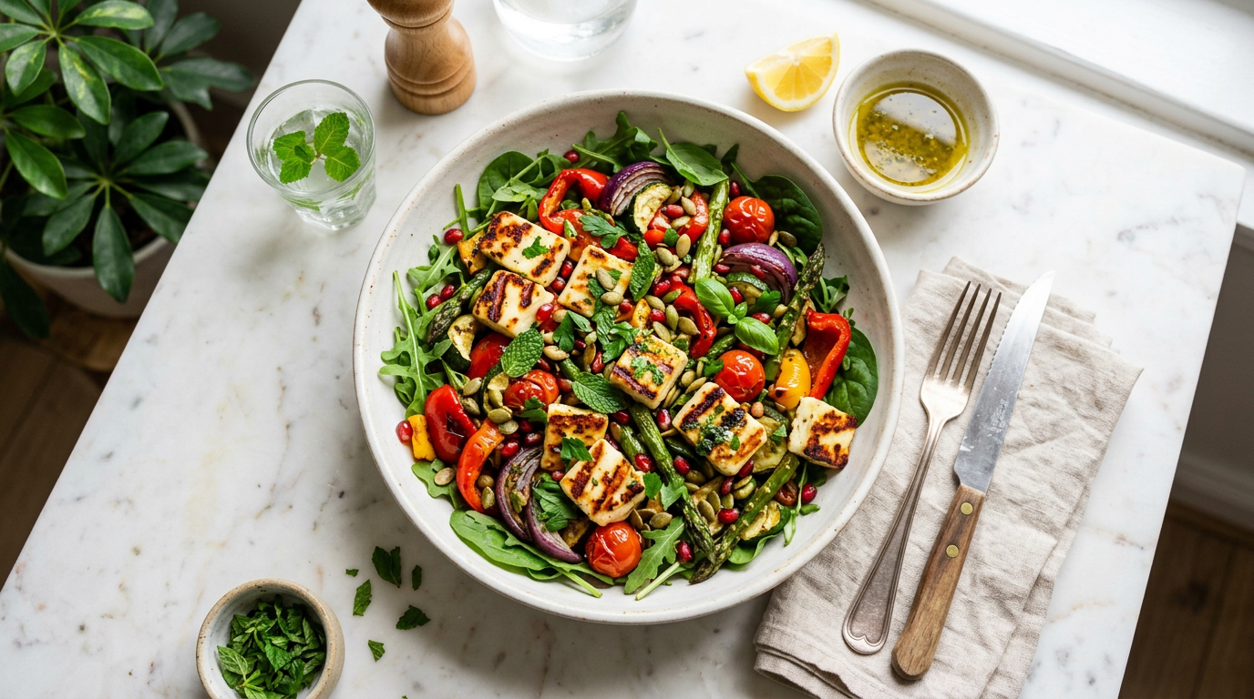 Grilled Halloumi and Roasted Vegetable Salad