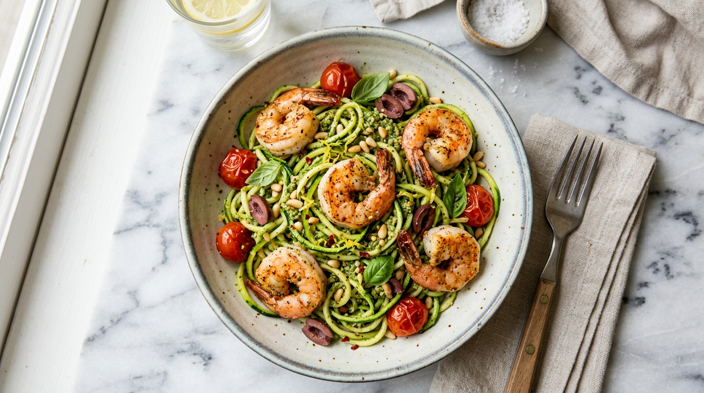 Zucchini Noodles with Pesto and Shrimp
